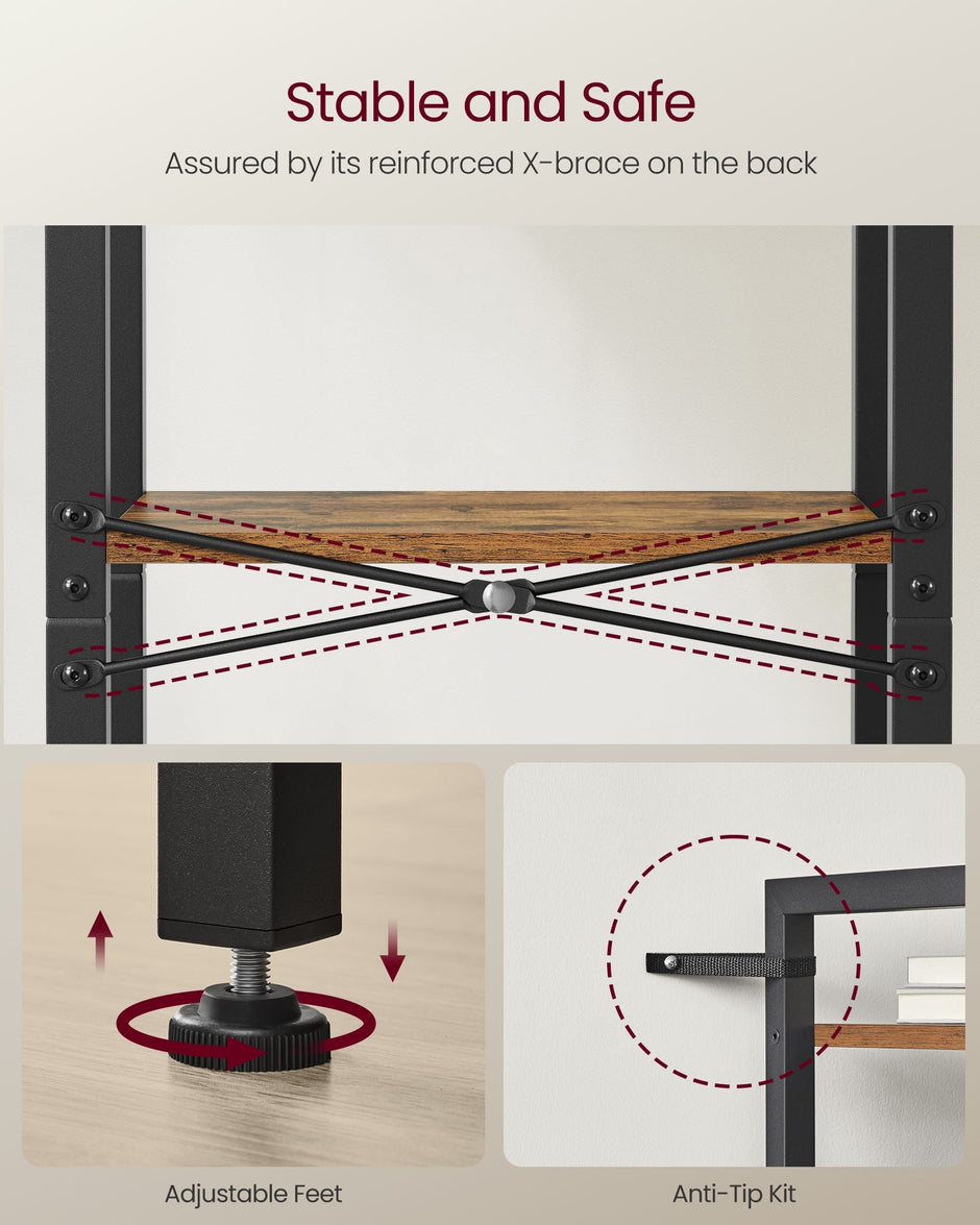 4-Tier Bookshelf – Wood and Metal – Rustic Brown and Ink Black – Industrial Design