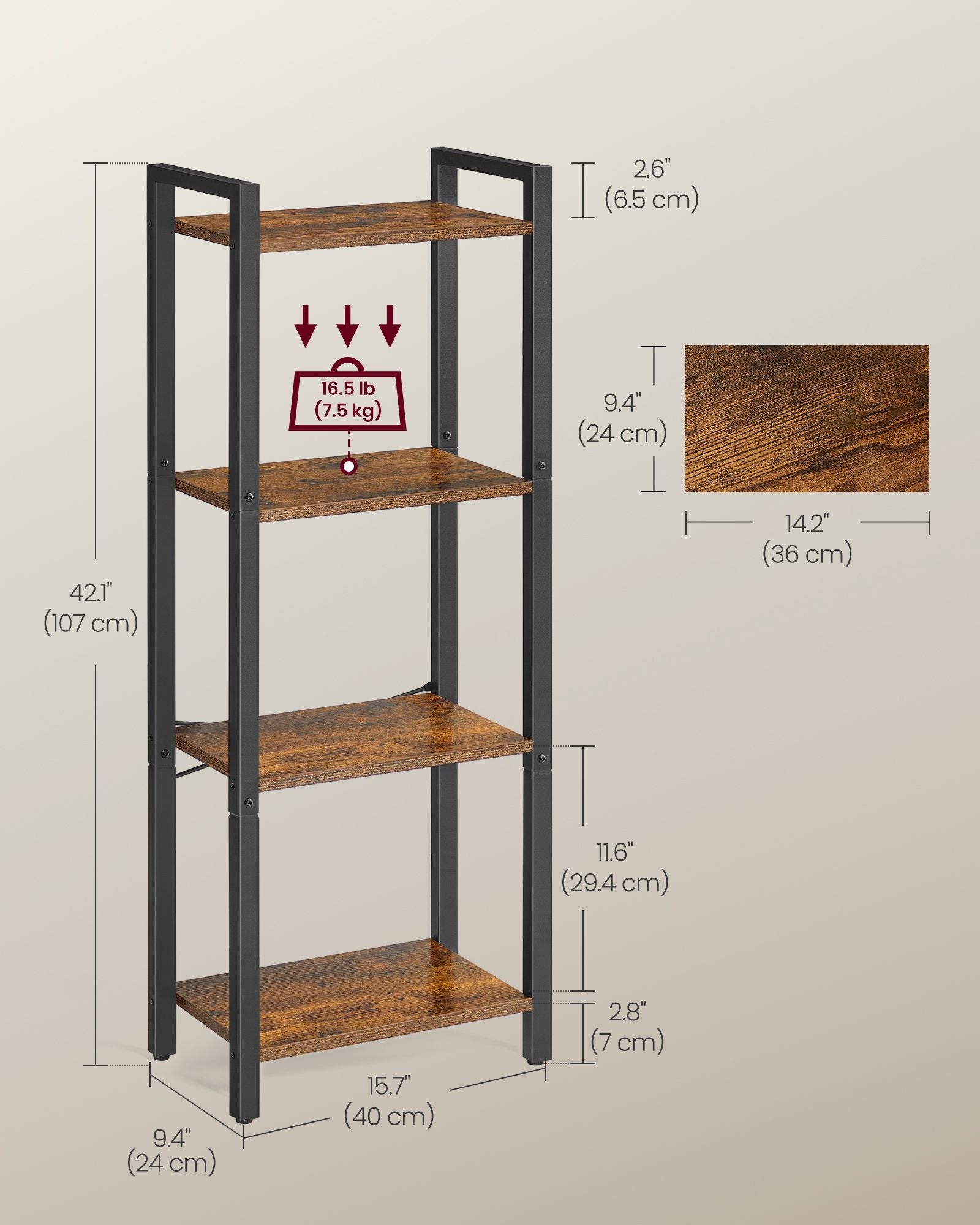 4-Tier Bookshelf – Wood and Metal – Rustic Brown and Ink Black – Industrial Design