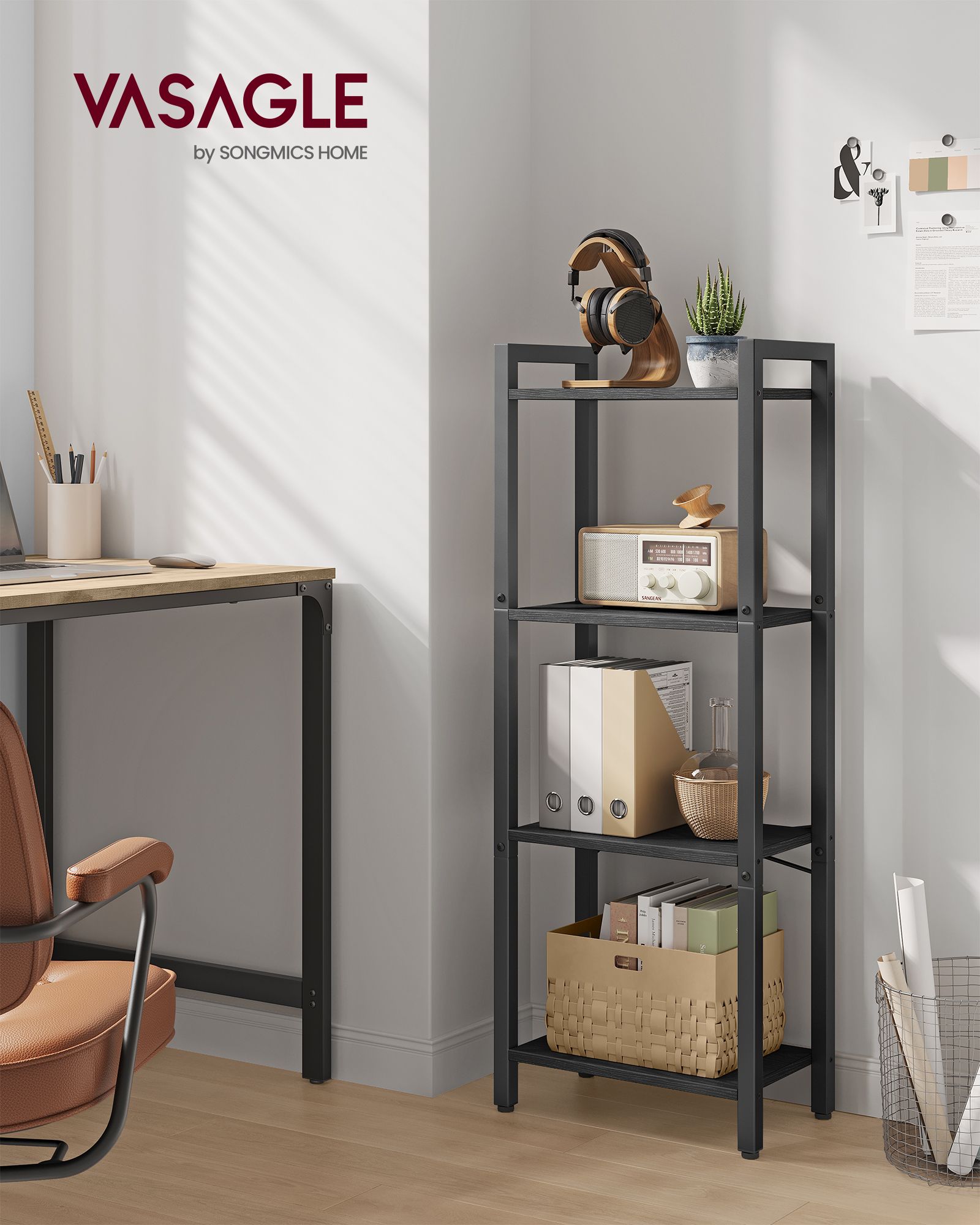 4-Tier Bookshelf – Engineered Wood – Ebony Black and Ink Black – Industrial Design for Office and Living Spaces