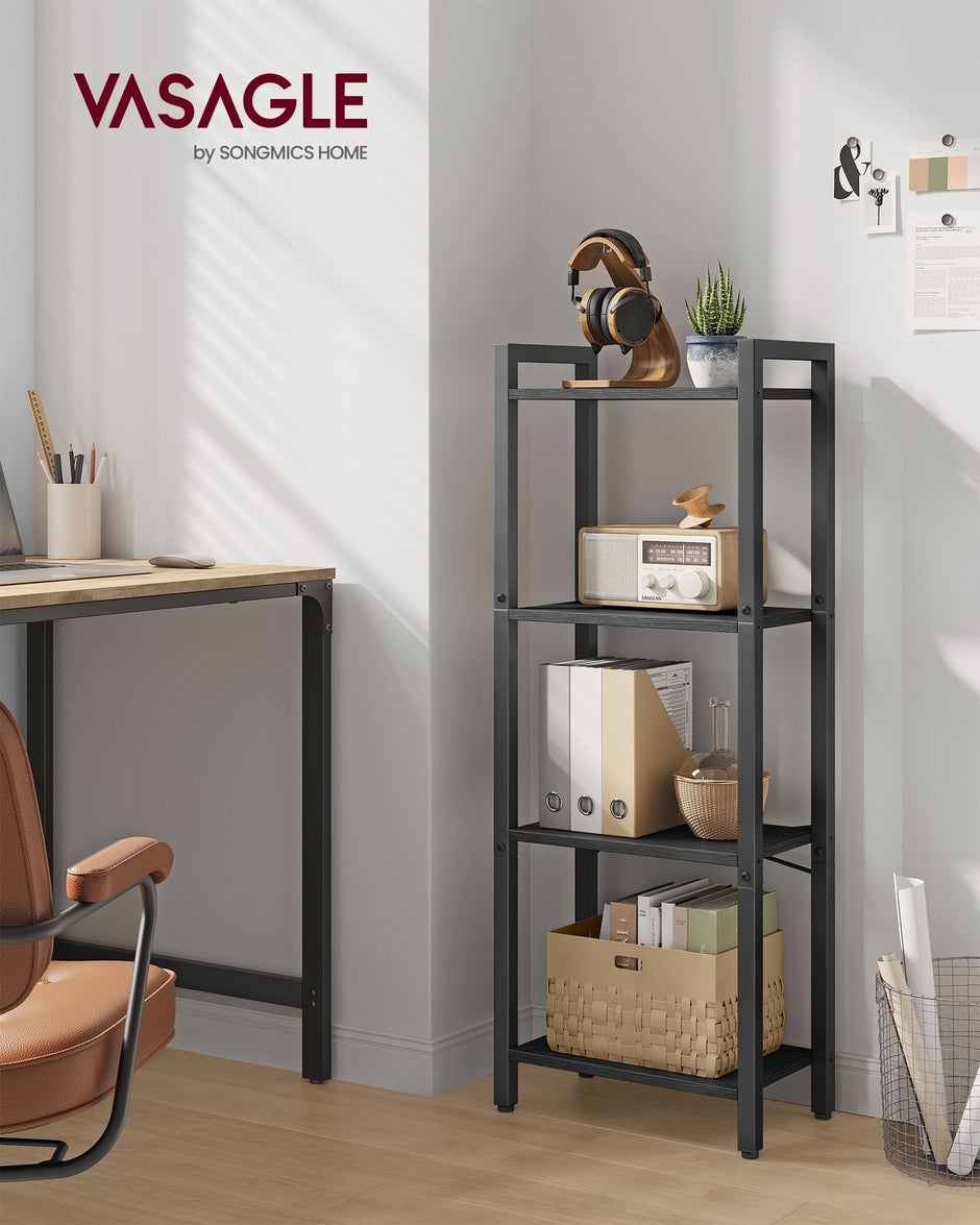 4-Tier Bookshelf – Engineered Wood – Ebony Black and Ink Black – Industrial Design for Office and Living Spaces