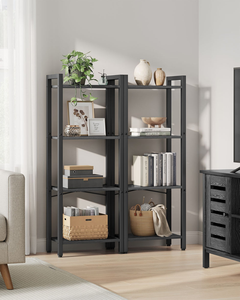 4-Tier Bookshelf – Engineered Wood – Ebony Black and Ink Black – Industrial Design for Office and Living Spaces