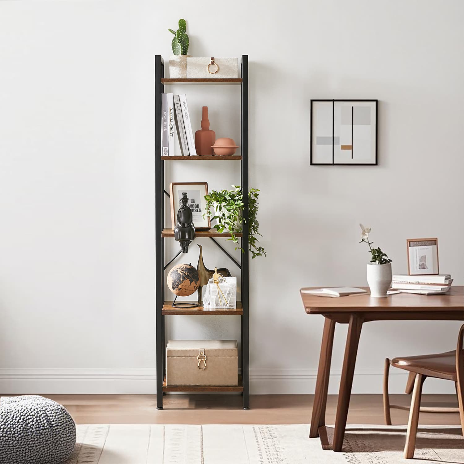 5-Tier Bookcase – Wood and Metal – Rustic Brown and Black – Freestanding Storage for Home Office and Living Room
