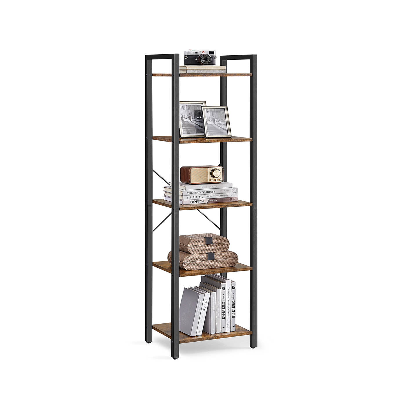 5-Tier Storage Rack – Steel Frame – Rustic Brown and Black – Industrial Style