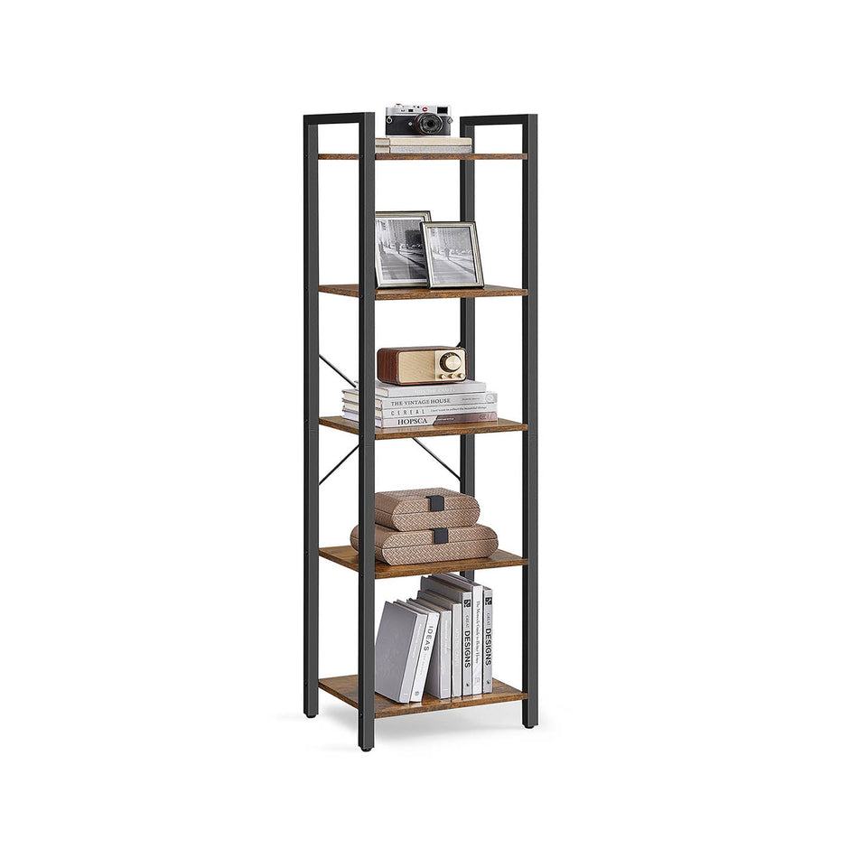 5-Tier Storage Rack – Steel Frame – Rustic Brown and Black – Industrial Style