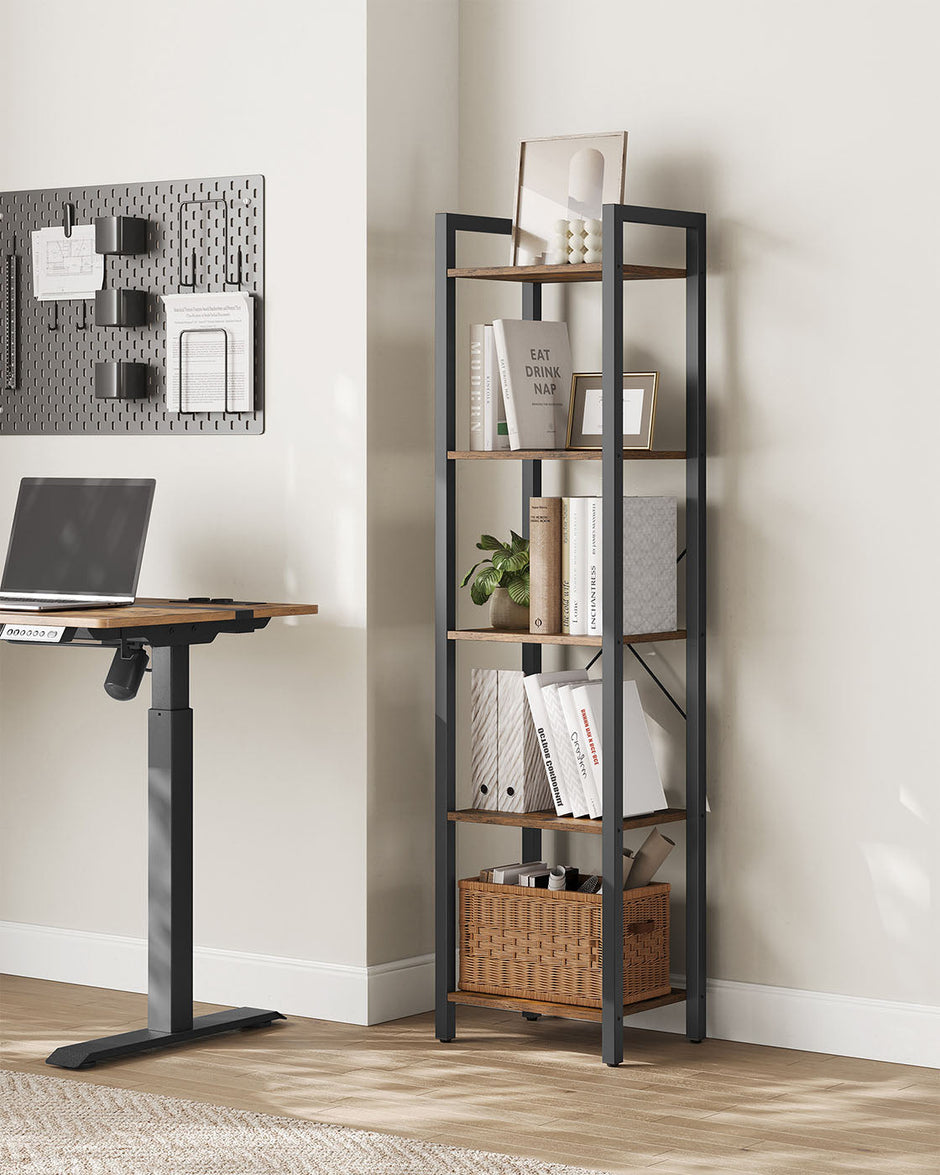 5-Tier Storage Rack – Steel Frame – Rustic Brown and Black – Industrial Style