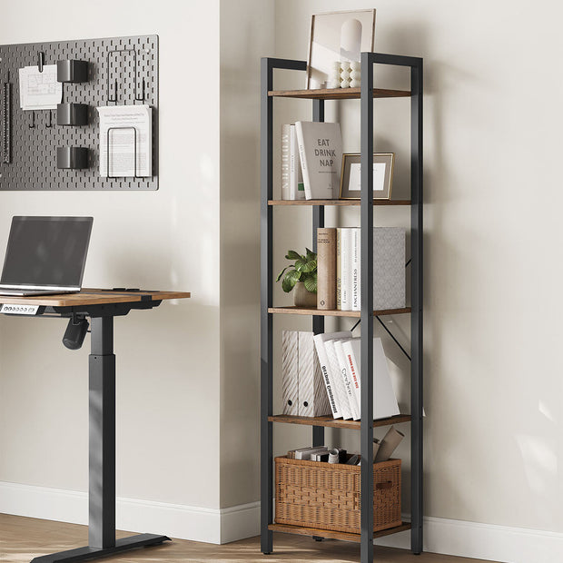 5-Tier Storage Rack – Steel Frame – Rustic Brown and Black – Industrial Style