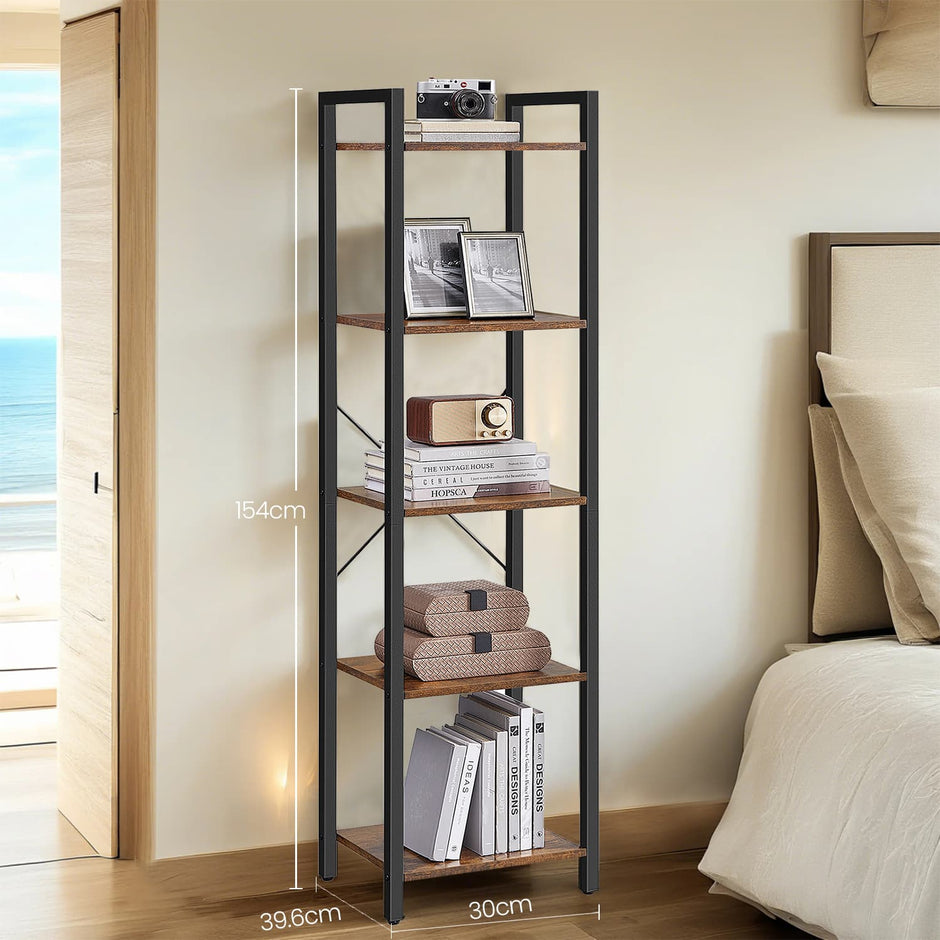 5-Tier Bookcase – Wood and Metal – Rustic Brown and Black – Freestanding Storage for Home Office and Living Room