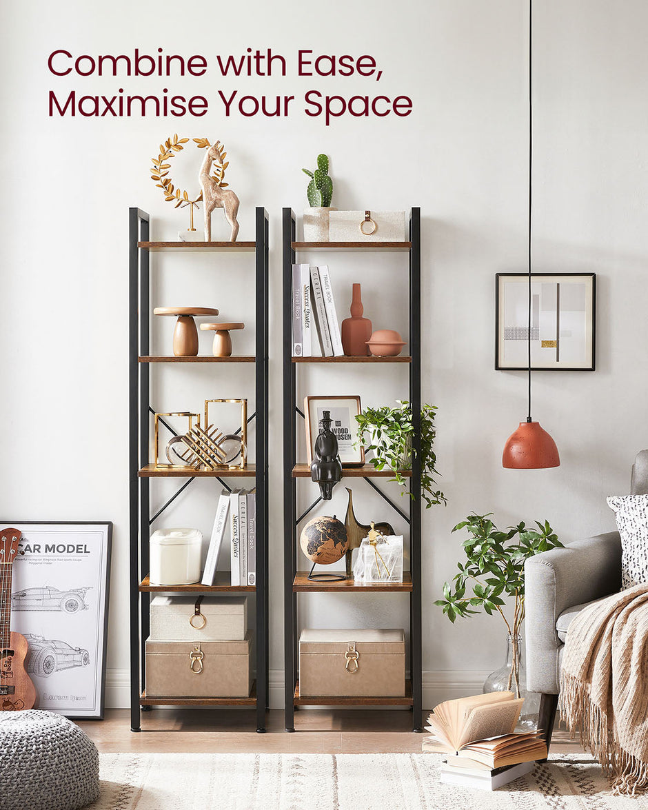5-Tier Storage Rack – Steel Frame – Rustic Brown and Black – Industrial Style