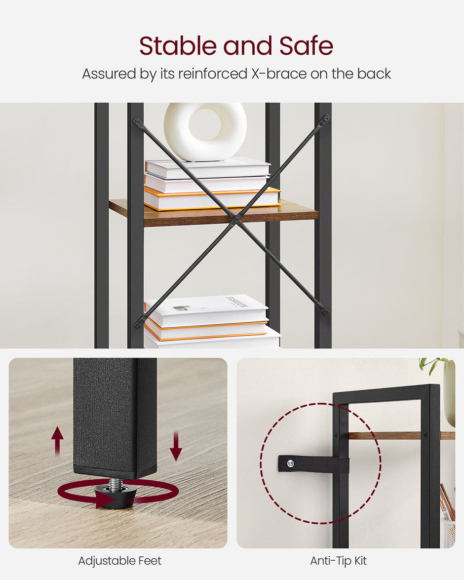 5-Tier Storage Rack – Steel Frame – Rustic Brown and Black – Industrial Style