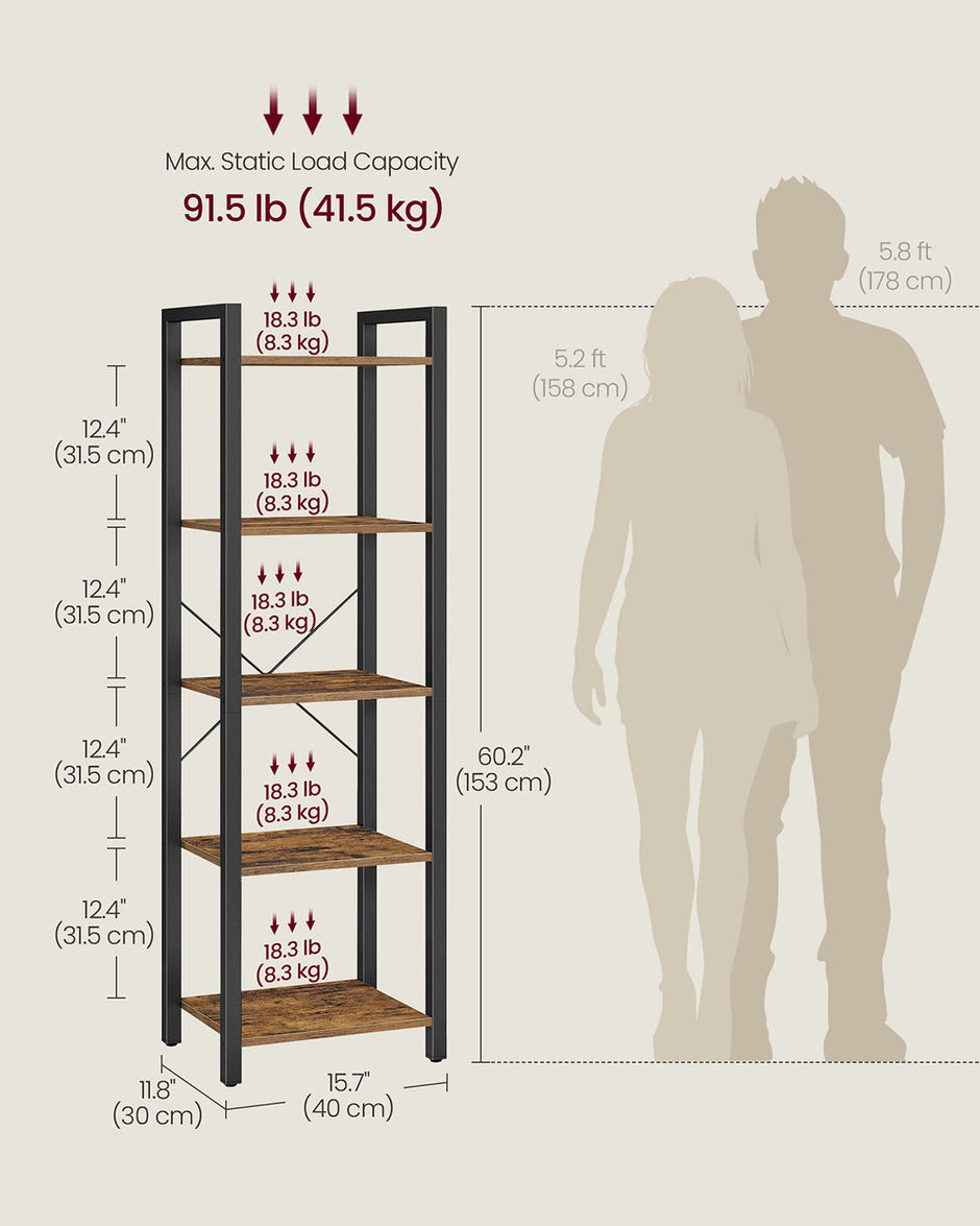 5-Tier Storage Rack – Steel Frame – Rustic Brown and Black – Industrial Style