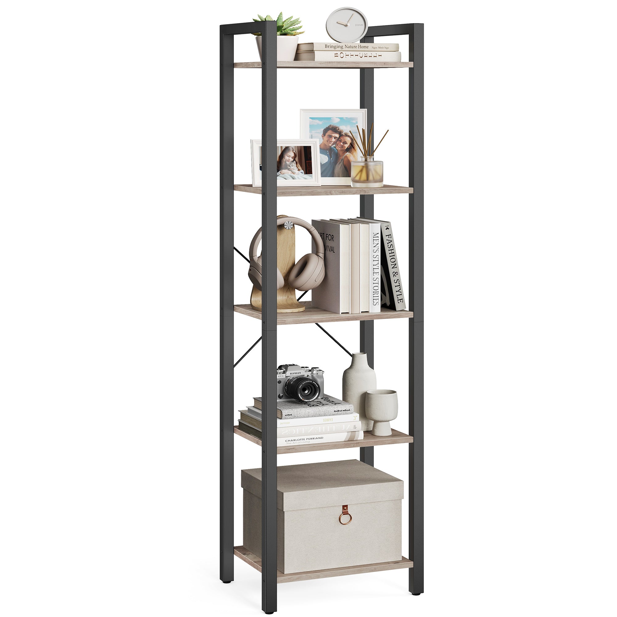 5-Tier Bookshelf – Steel Frame – Rustic Brown and Black – Industrial Style