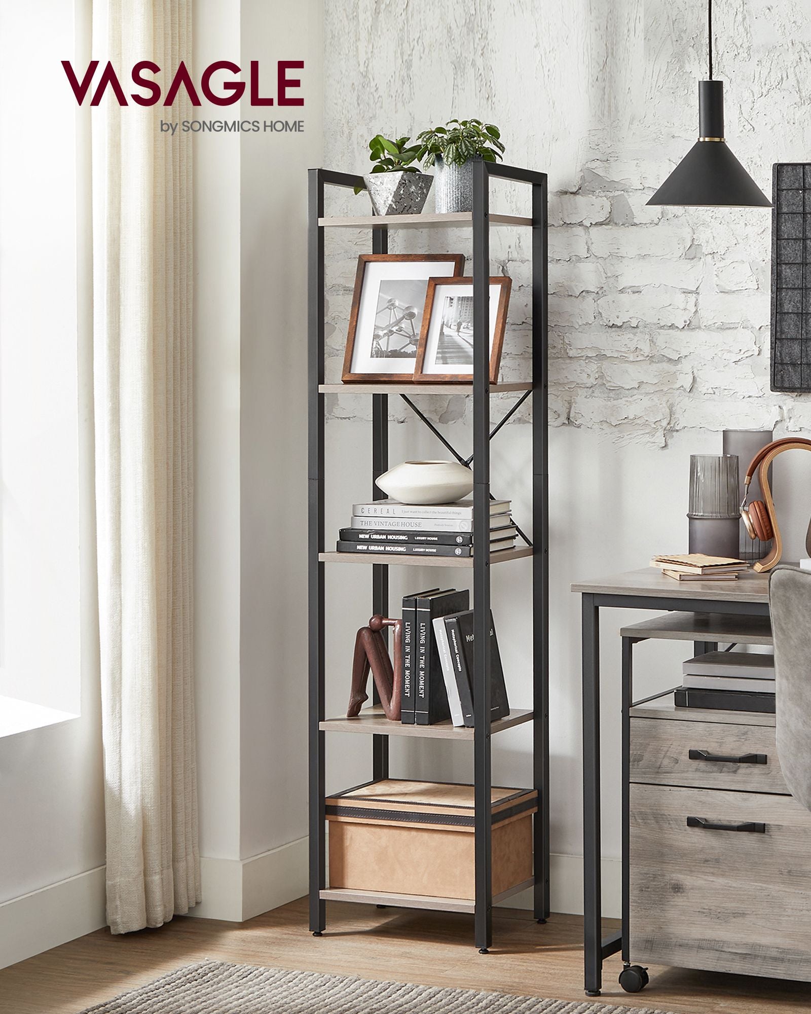 5-Tier Bookshelf – Steel Frame – Rustic Brown and Black – Industrial Style