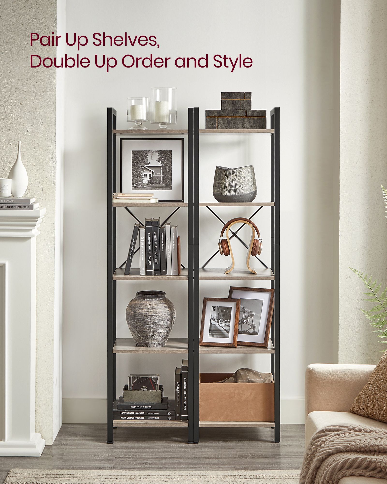 5-Tier Bookshelf – Steel Frame – Rustic Brown and Black – Industrial Style