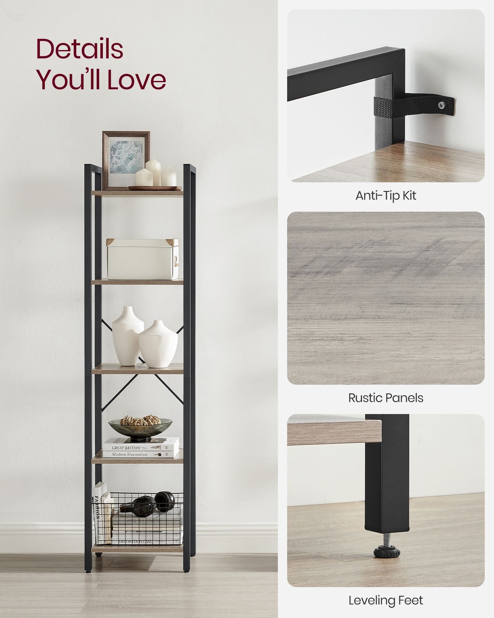 5-Tier Bookshelf – Steel Frame – Rustic Brown and Black – Industrial Style