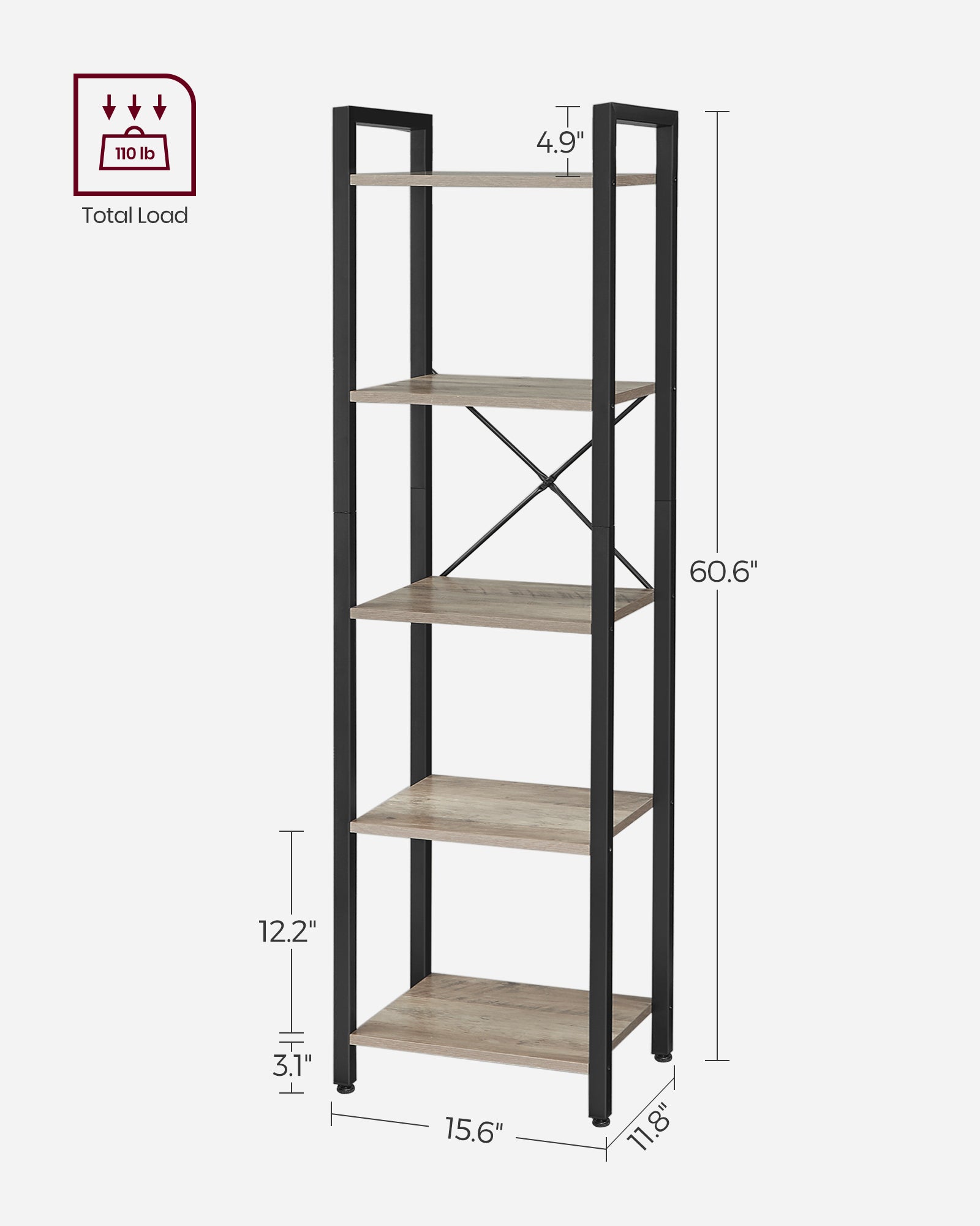 5-Tier Bookshelf – Steel Frame – Rustic Brown and Black – Industrial Style