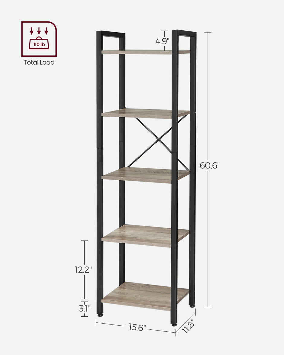 5-Tier Bookshelf – Steel Frame – Rustic Brown and Black – Industrial Style