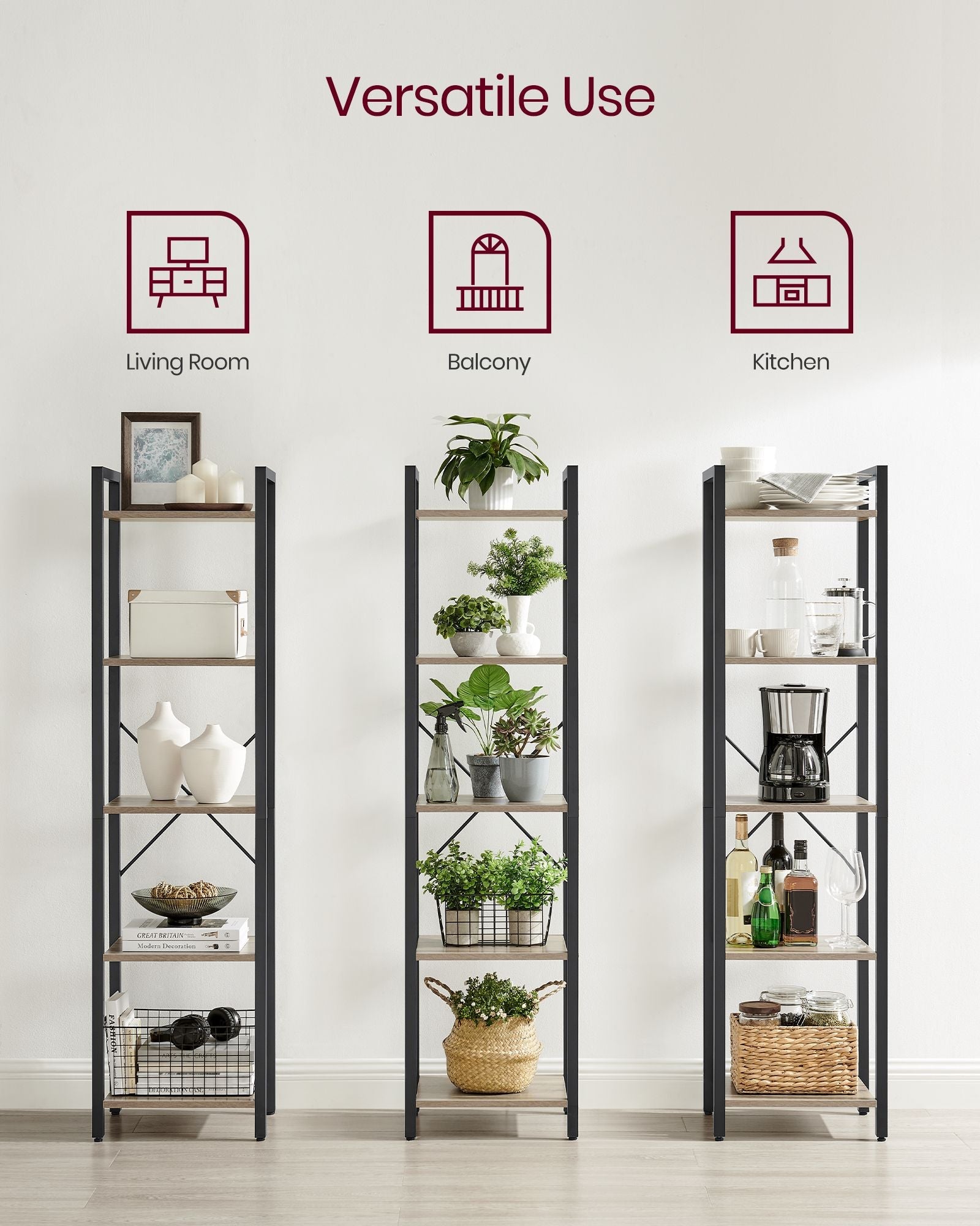 5-Tier Bookshelf – Steel Frame – Rustic Brown and Black – Industrial Style