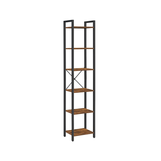 6-Tier Bookshelf – Wood and Metal – Rustic Brown and Black – Open Storage Design for Office and Living Room