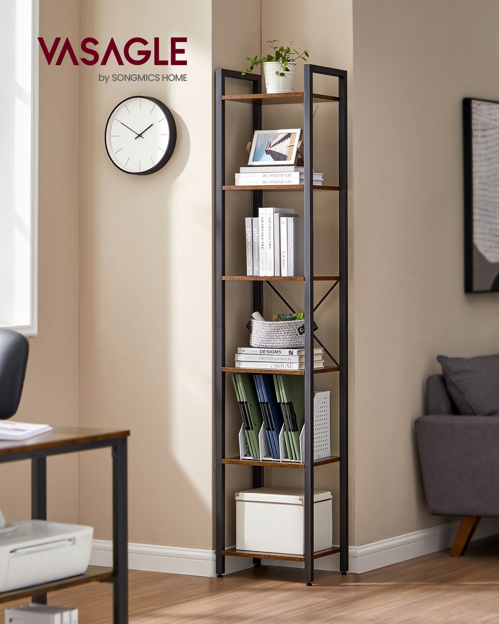 6-Tier Bookshelf – Wood and Metal – Rustic Brown and Black – Open Storage Design for Office and Living Room