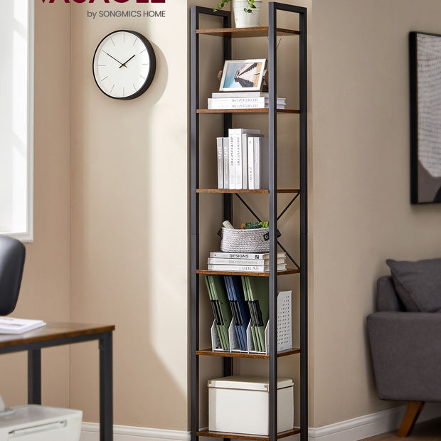 6-Tier Bookshelf – Wood and Metal – Rustic Brown and Black – Open Storage Design for Office and Living Room