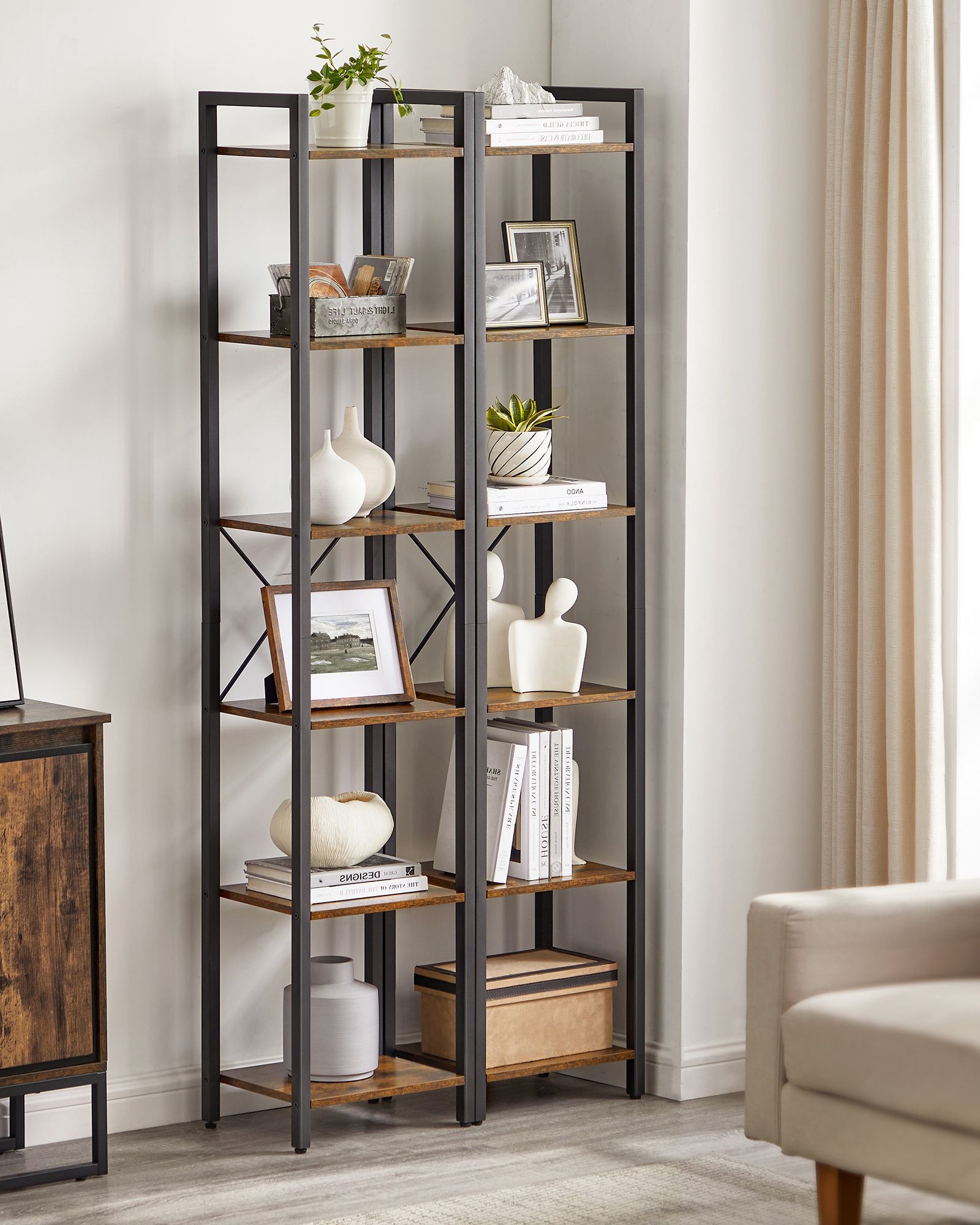 6-Tier Bookshelf – Wood and Metal – Rustic Brown and Black – Open Storage Design for Office and Living Room