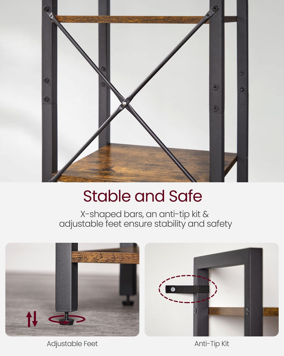 6-Tier Bookshelf – Wood and Metal – Rustic Brown and Black – Open Storage Design for Office and Living Room