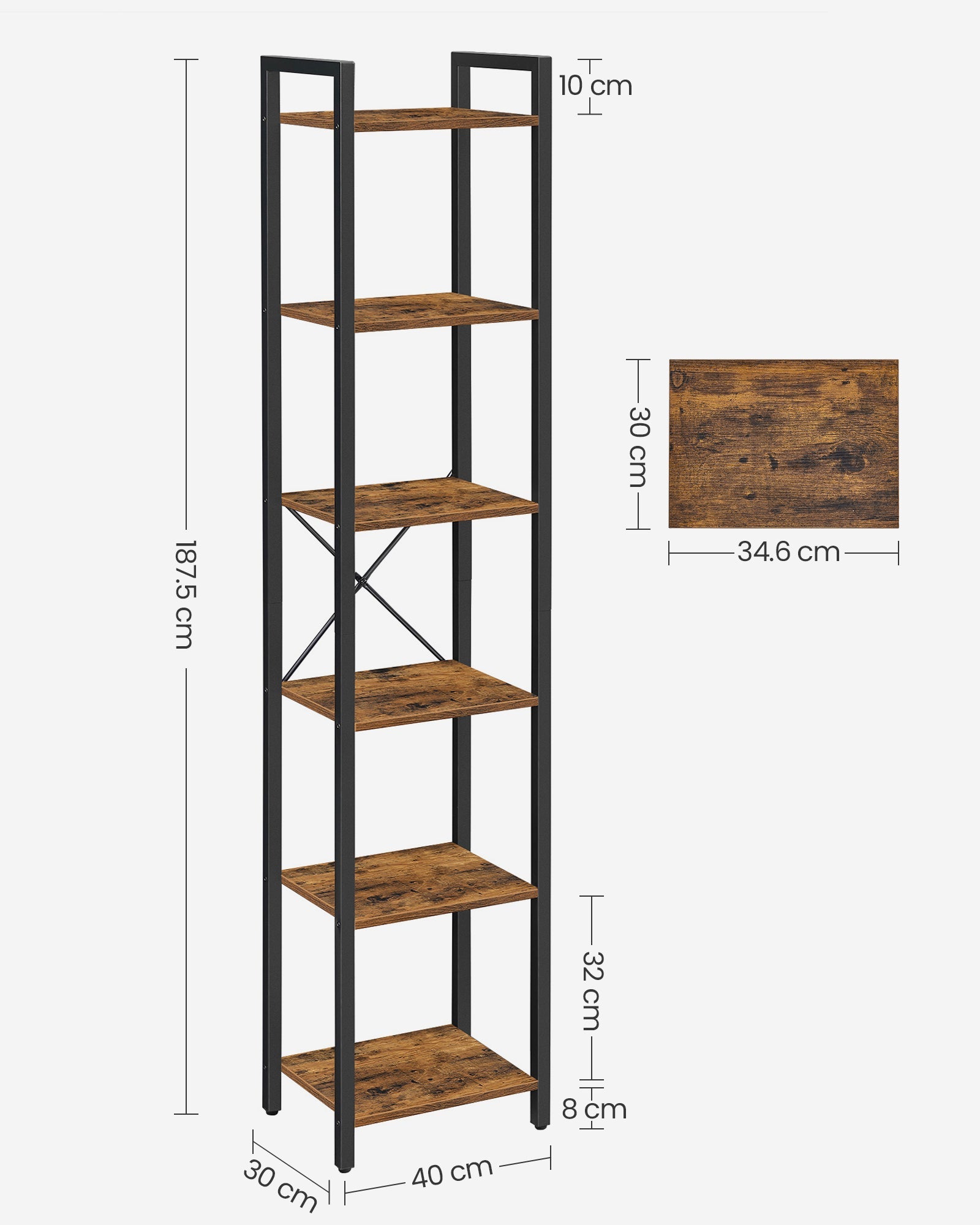 6-Tier Bookshelf – Wood and Metal – Rustic Brown and Black – Open Storage Design for Office and Living Room