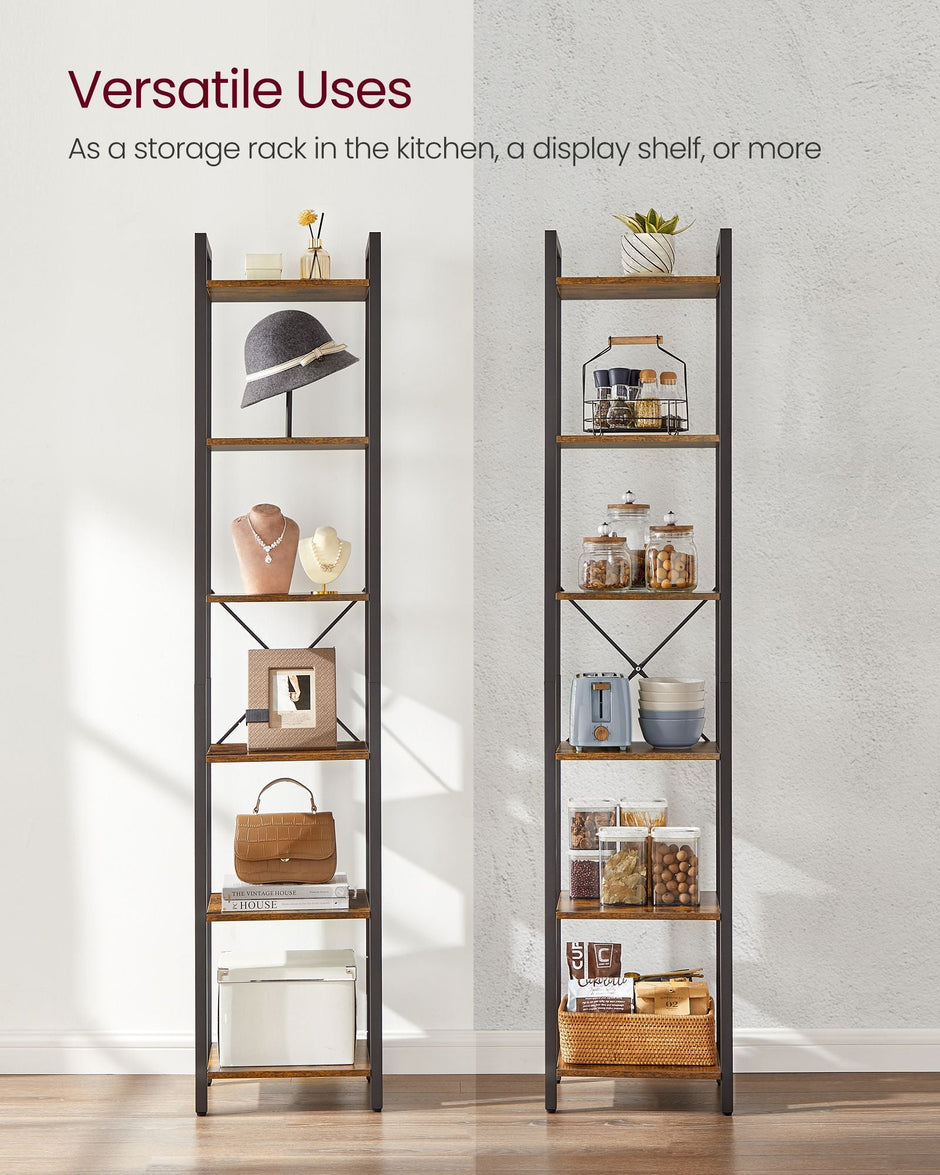 6-Tier Bookshelf – Wood and Metal – Rustic Brown and Black – Open Storage Design for Office and Living Room