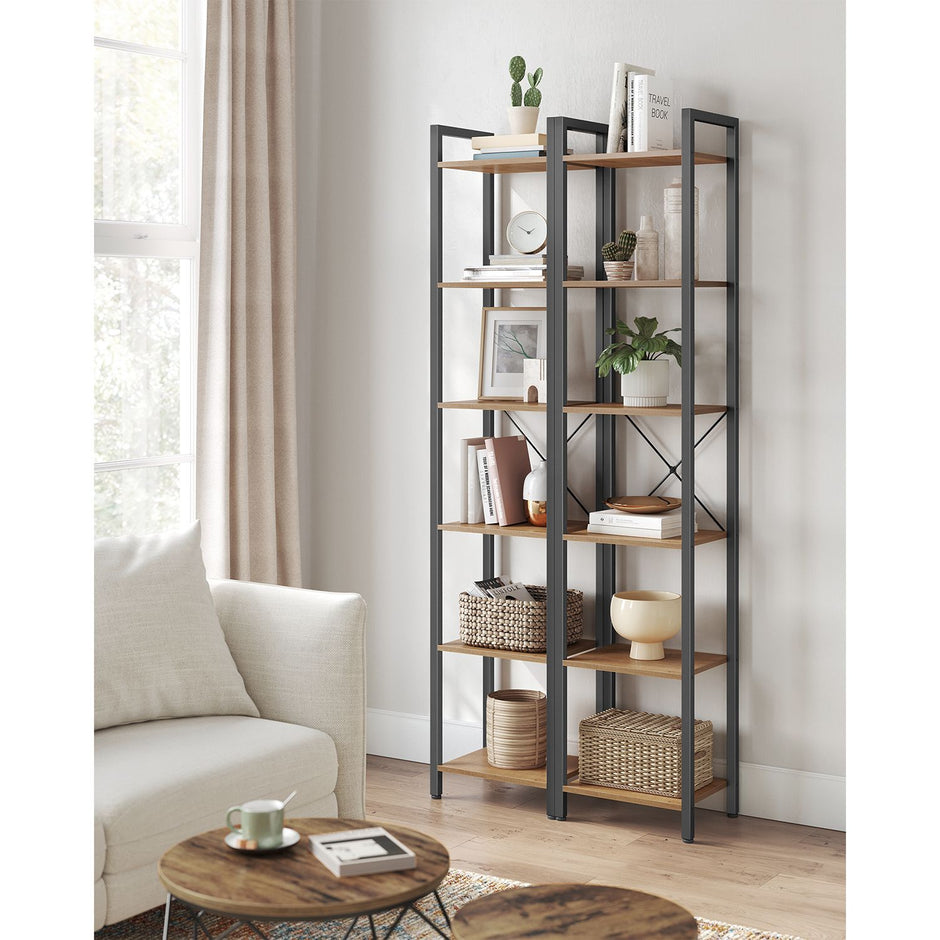 6-Tier Bookshelf – Engineered Wood – Rustic Brown and Black – Open Storage Shelving