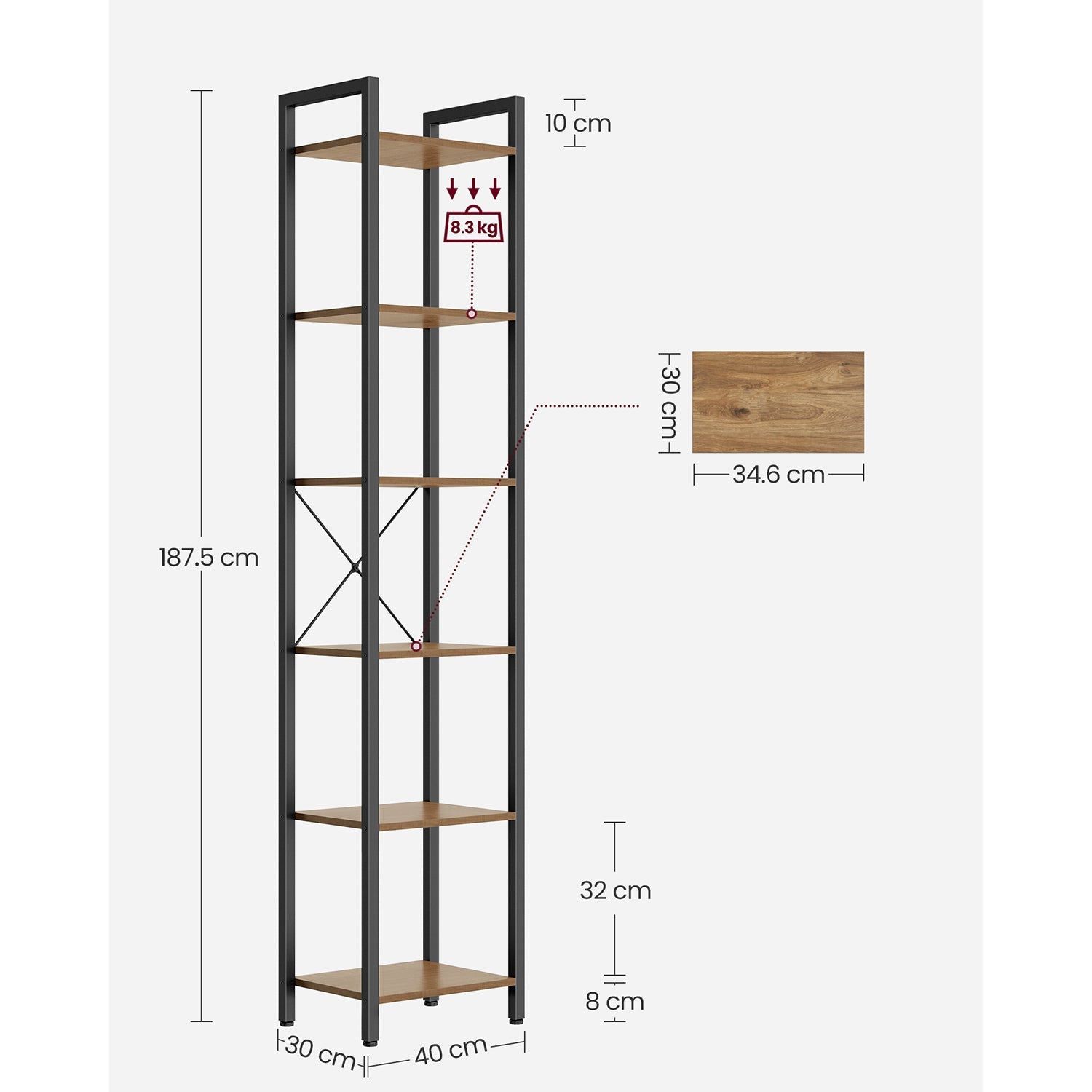 6-Tier Bookshelf – Engineered Wood – Rustic Brown and Black – Open Storage Shelving