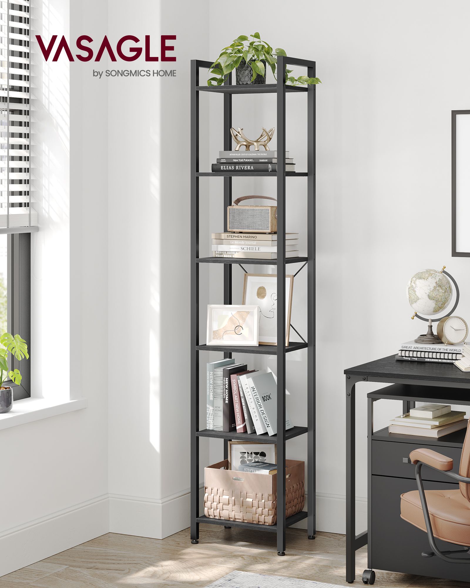 6-Tier Bookshelf – Particle Board – Ebony Black and Ink Black – Open Storage Design