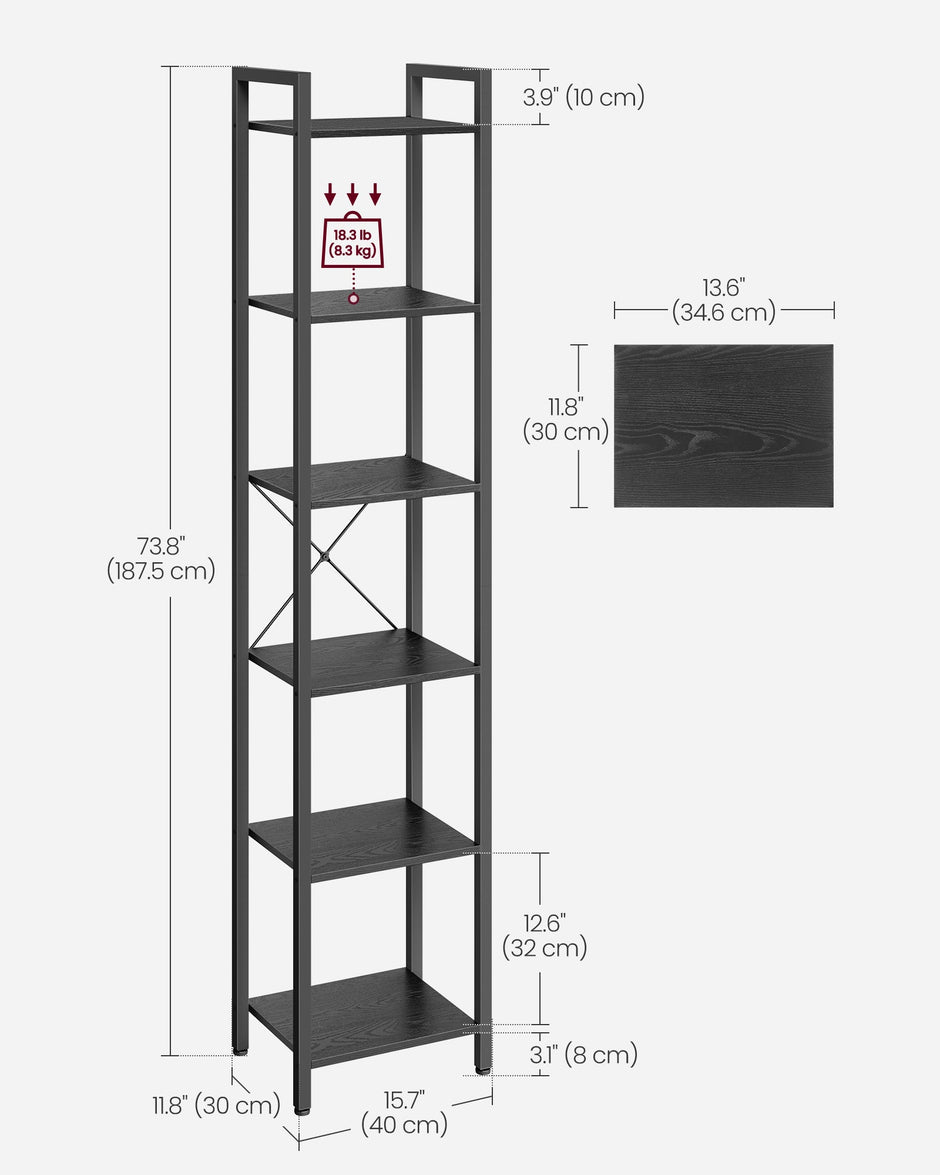 6-Tier Bookshelf – Particle Board – Ebony Black and Ink Black – Open Storage Design