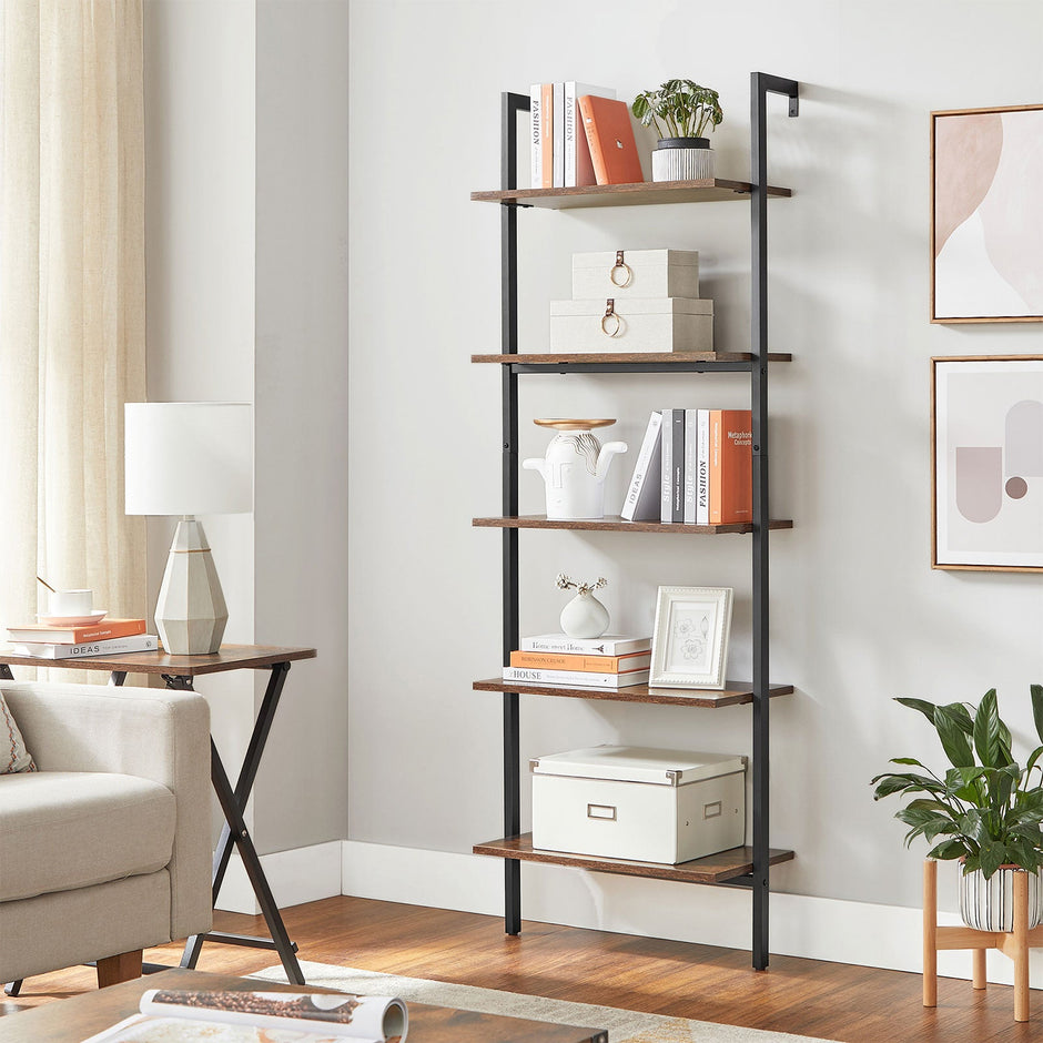Ladder Shelf – Wood and Metal – Rustic Brown and Black – 5-Tier Industrial Design