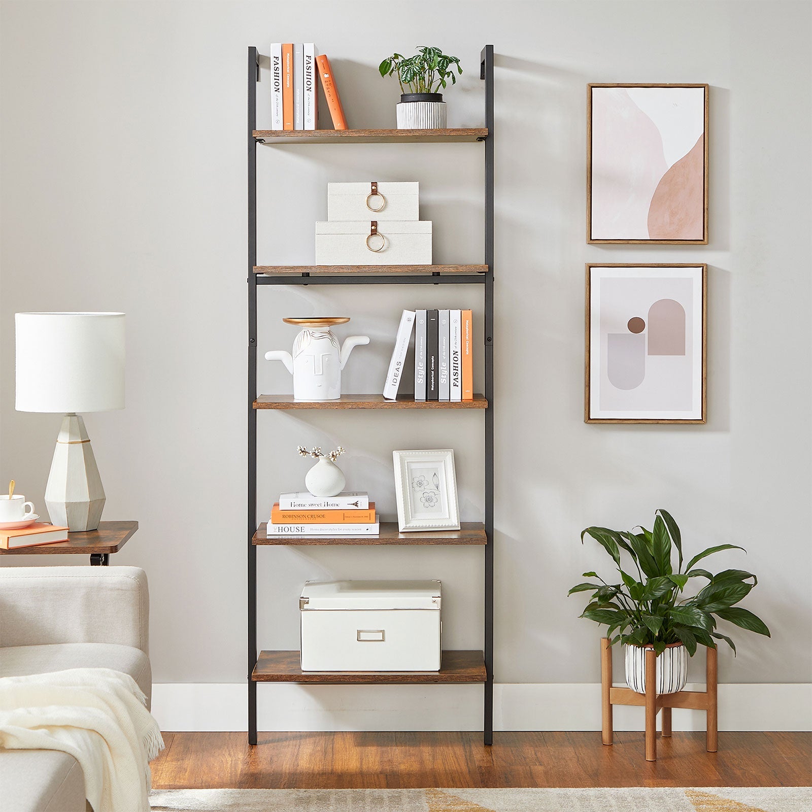 Ladder Shelf – Wood and Metal – Rustic Brown and Black – 5-Tier Industrial Design