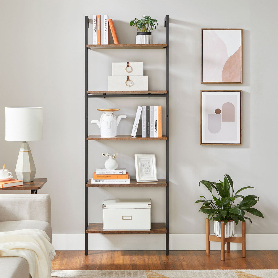 Ladder Shelf – Wood and Metal – Rustic Brown and Black – 5-Tier Industrial Design