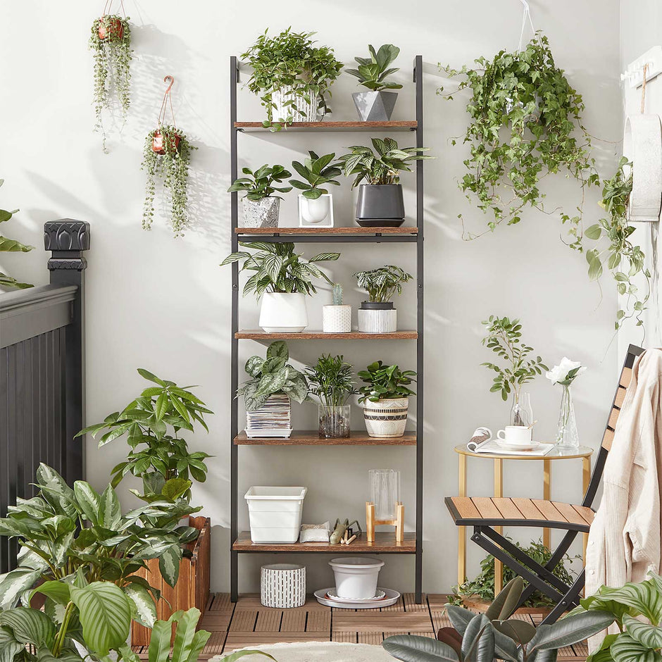 Ladder Shelf – Wood and Metal – Rustic Brown and Black – 5-Tier Industrial Design