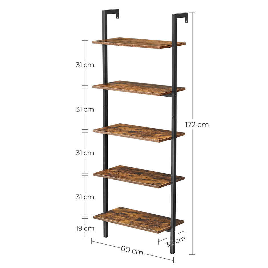 Ladder Shelf – Wood and Metal – Rustic Brown and Black – 5-Tier Industrial Design