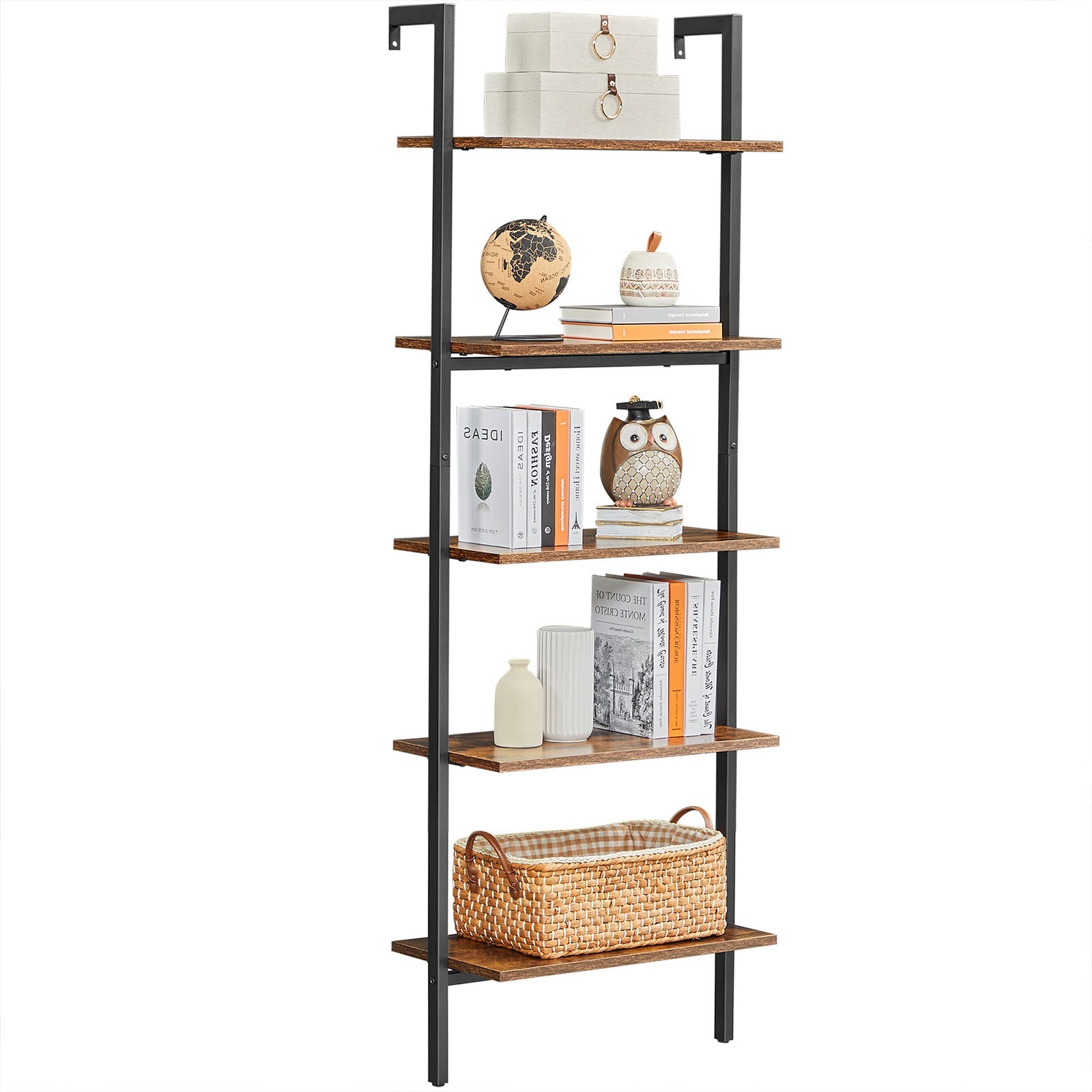 Ladder Shelf – Wood and Metal – Rustic Brown and Black – 5-Tier Industrial Design