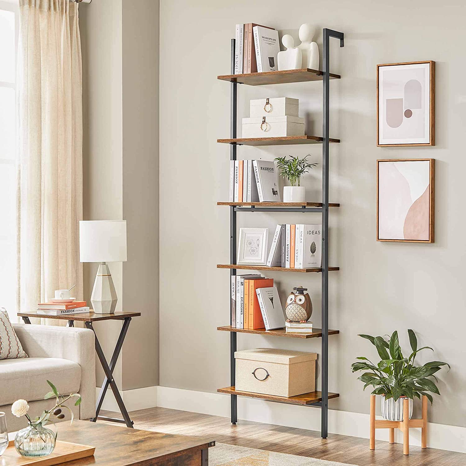Wall-Mounted Ladder Shelf – Wood and Metal – Rustic Brown and Black – 6-Tier Design