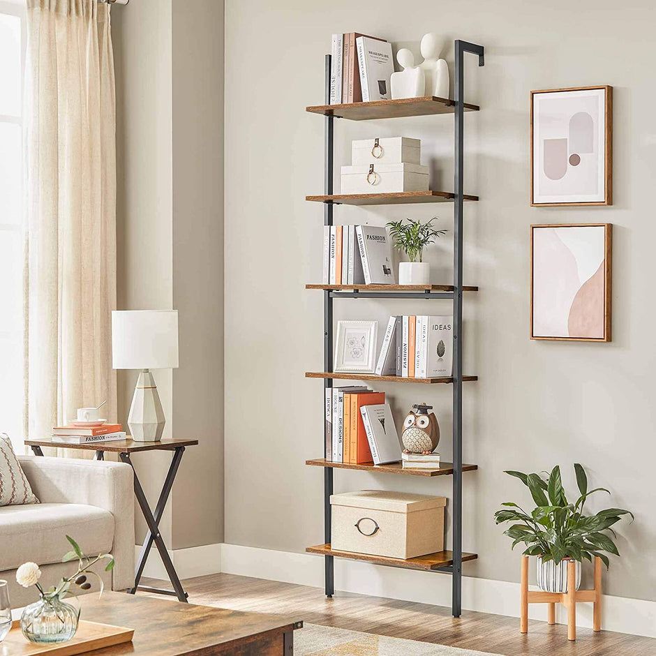 Wall-Mounted Ladder Shelf – Wood and Metal – Rustic Brown and Black – 6-Tier Design