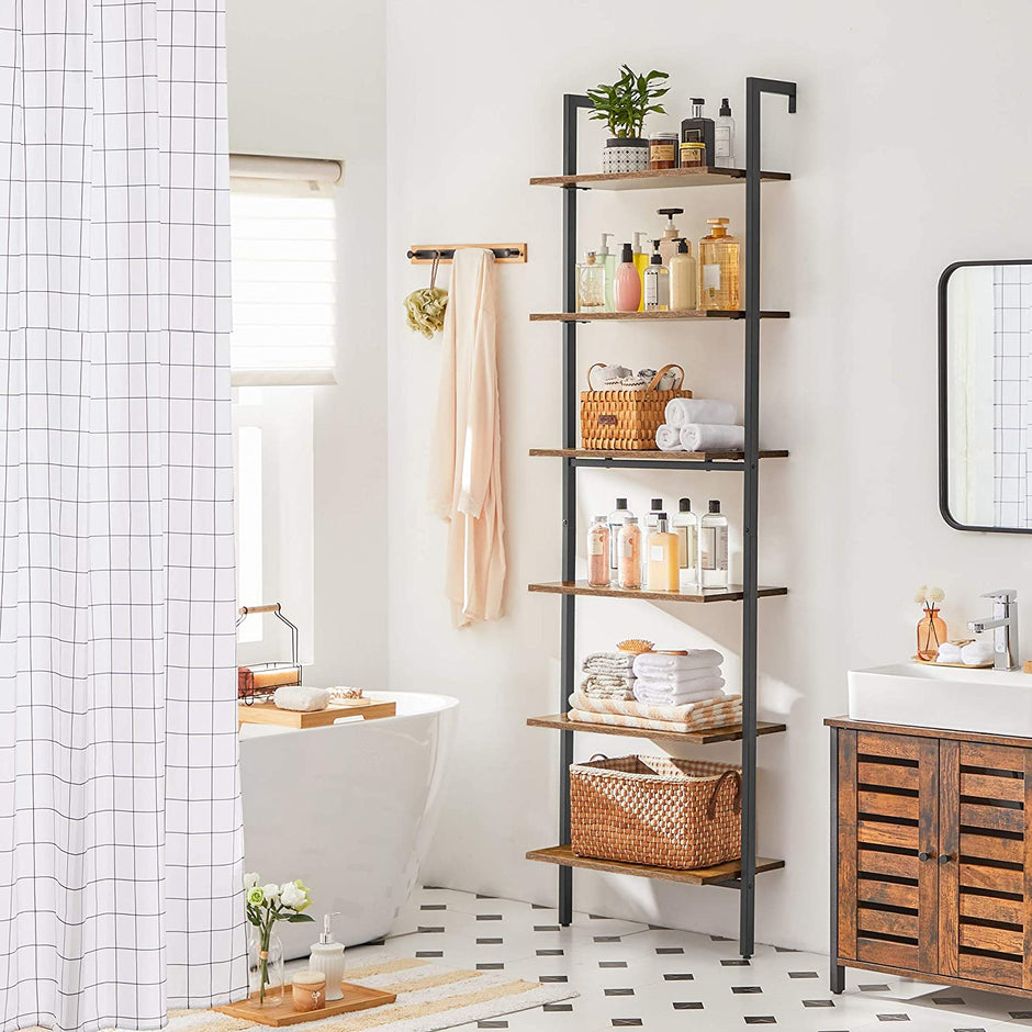 Wall-Mounted Ladder Shelf – Wood and Metal – Rustic Brown and Black – 6-Tier Design
