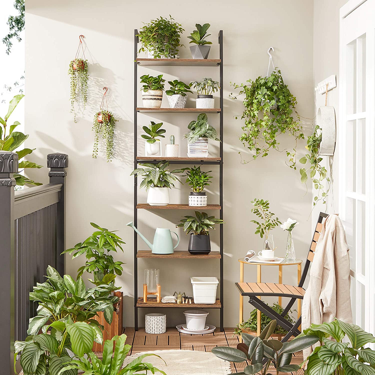 Wall-Mounted Ladder Shelf – Wood and Metal – Rustic Brown and Black – 6-Tier Design