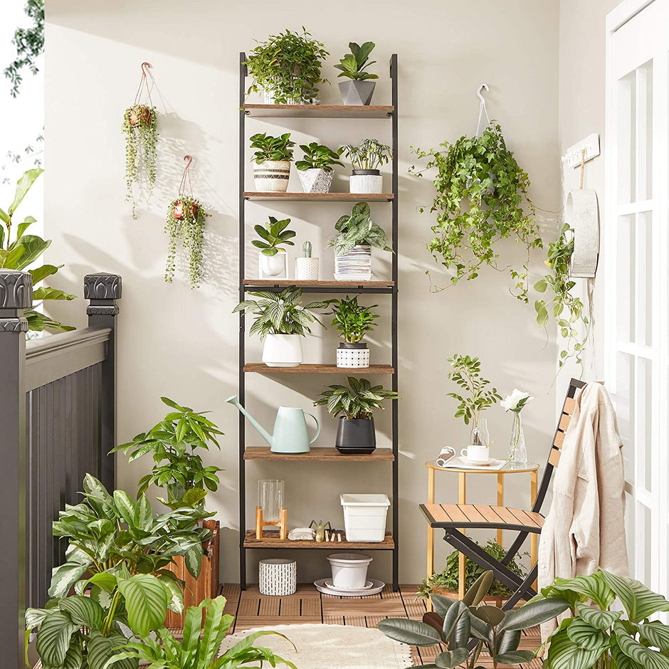 Wall-Mounted Ladder Shelf – Wood and Metal – Rustic Brown and Black – 6-Tier Design