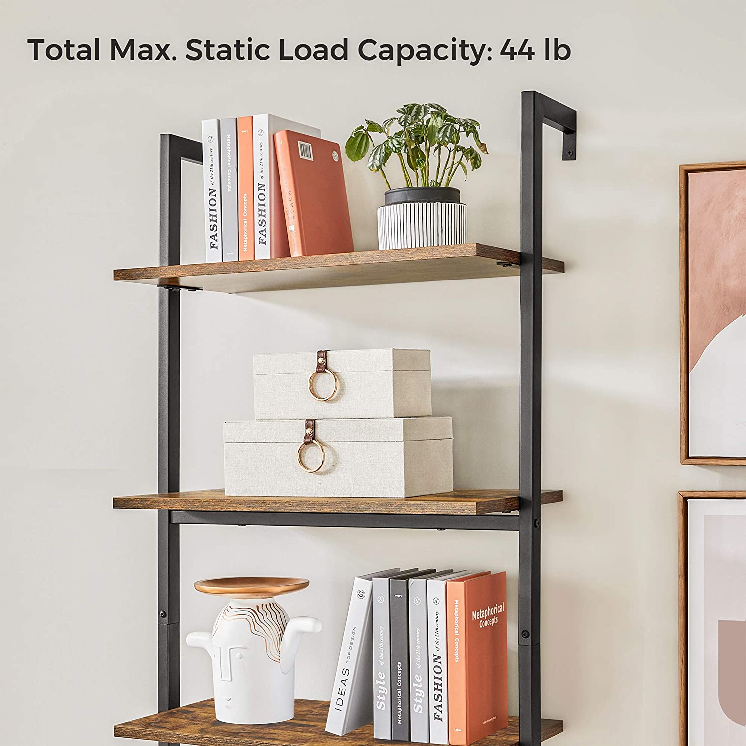 Wall-Mounted Ladder Shelf – Wood and Metal – Rustic Brown and Black – 6-Tier Design