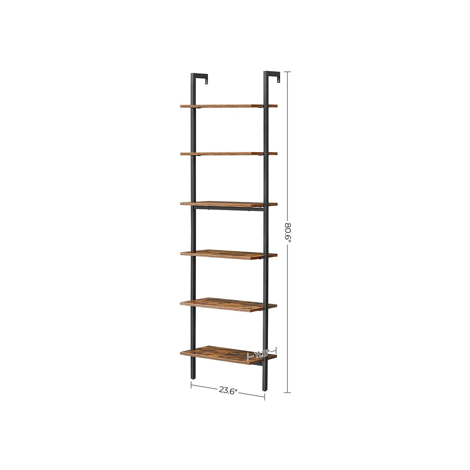 Wall-Mounted Ladder Shelf – Wood and Metal – Rustic Brown and Black – 6-Tier Design