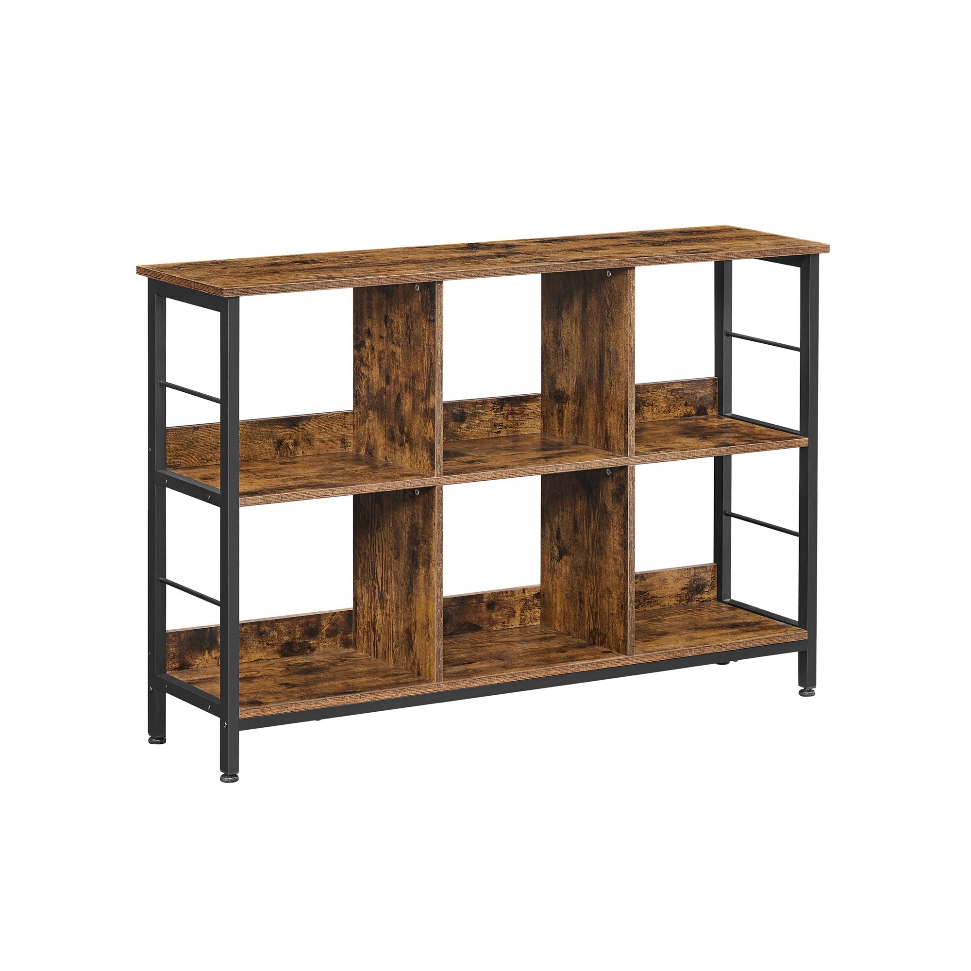 Bookshelf – Wood – Rustic Brown and Black – 6 Compartments, Industrial Ladder Design