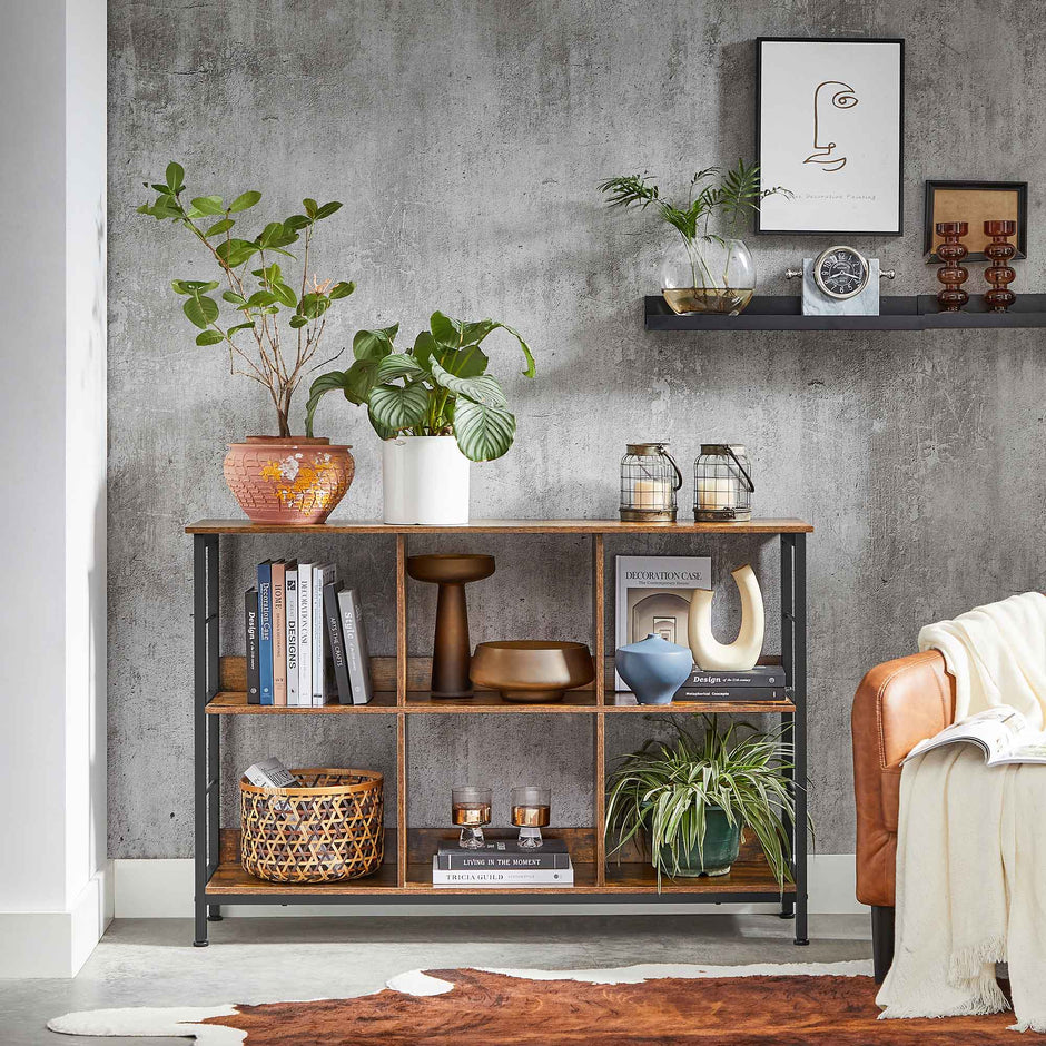 Bookshelf – Wood – Rustic Brown and Black – 6 Compartments, Industrial Ladder Design