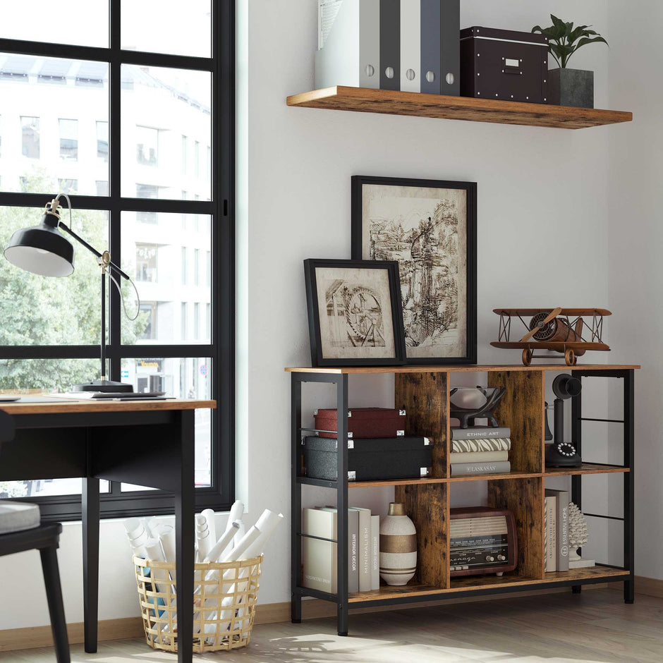 Bookshelf – Wood – Rustic Brown and Black – 6 Compartments, Industrial Ladder Design
