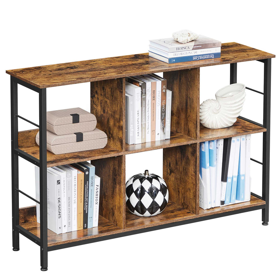 Bookshelf – Wood – Rustic Brown and Black – 6 Compartments, Industrial Ladder Design