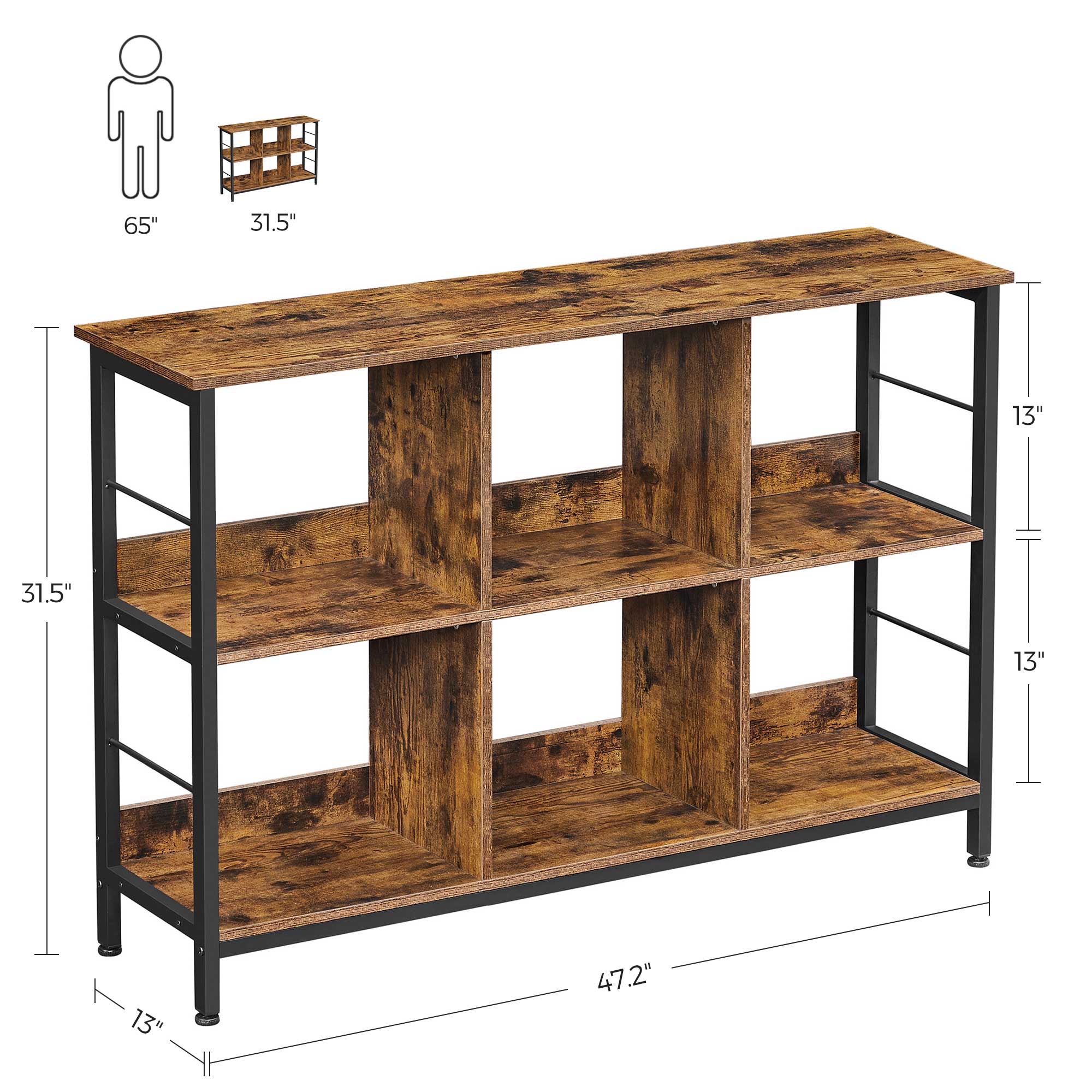 Bookshelf – Wood – Rustic Brown and Black – 6 Compartments, Industrial Ladder Design